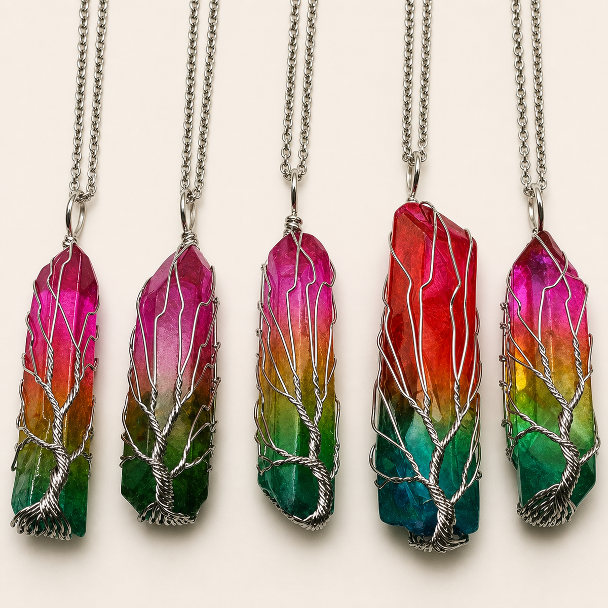 Five color-gradient crystal tree necklaces