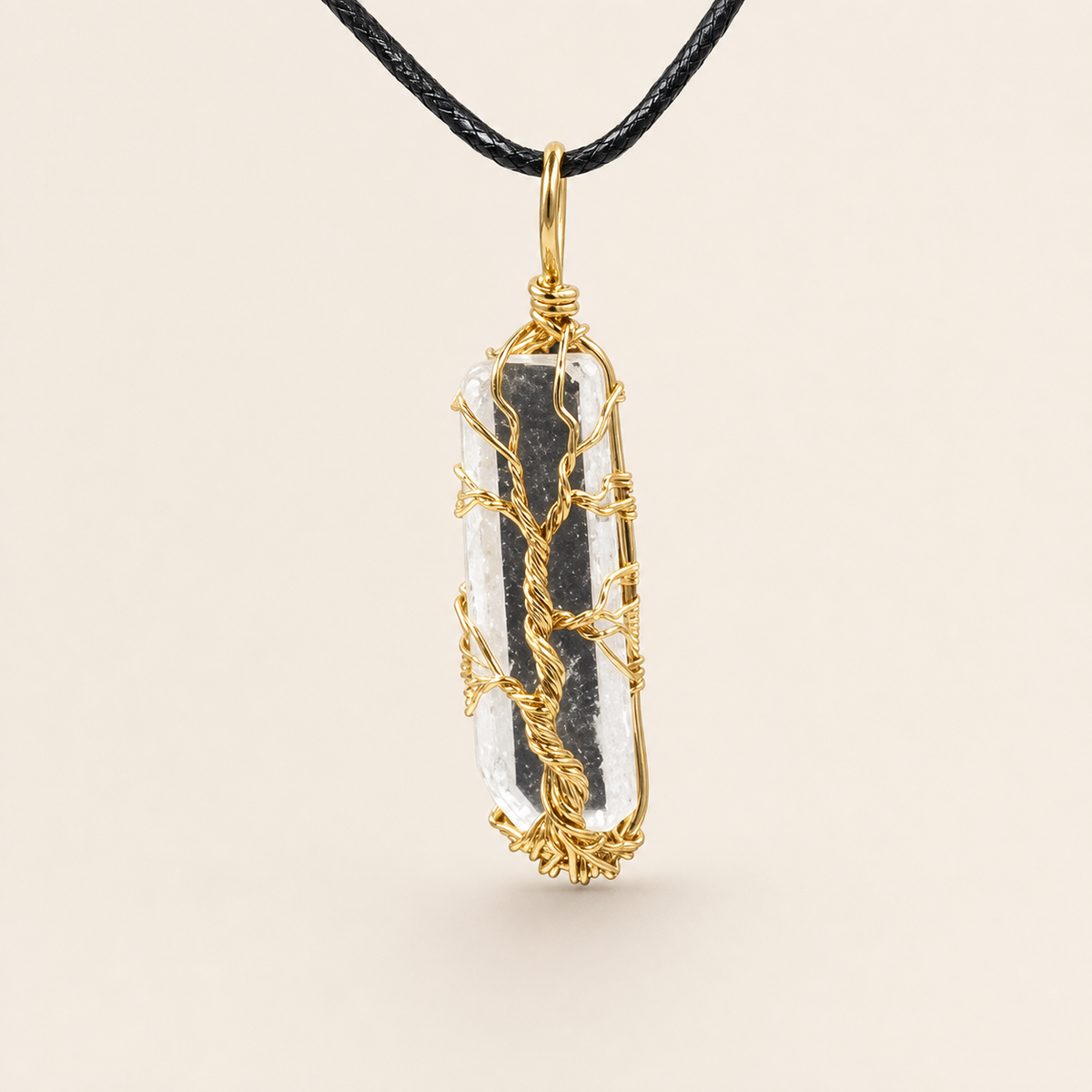 Clear crystal tree necklace with gold finish and 100 cm rope