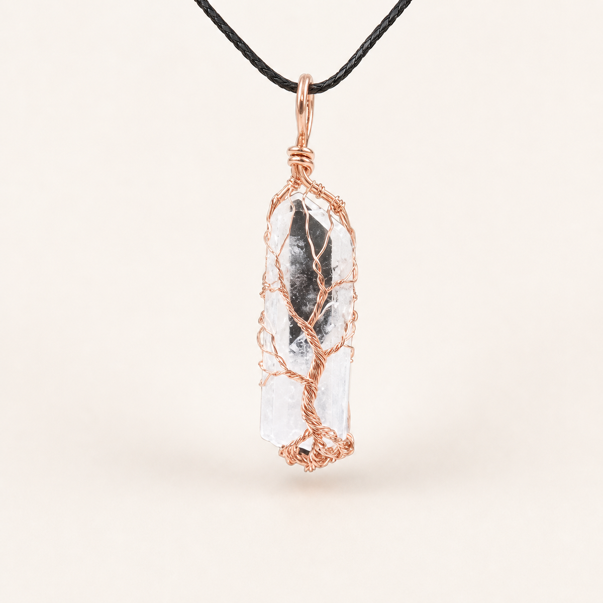 Clear crystal tree necklace with rose-gold finish and 100 cm rope