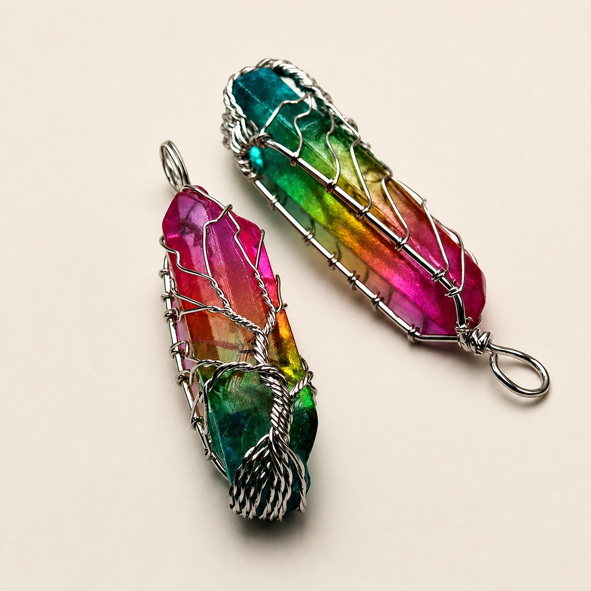 Two color-gradient crystal tree pendants
